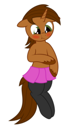 Size: 1638x3000 | Tagged: safe, artist:waveywaves, oc, oc only, oc:coppercore, pony, blushing, clothes, crossdressing, cute, male, pantyhose, pleated skirt, simple background, skirt, solo, stallion, tights, transparent background, vector