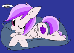 Size: 840x602 | Tagged: safe, artist:feathermay96, sugar grape, pegasus, pony, g4, cute, female, grapedorable, looking at you, mare, one eye closed, open mouth, pillow, prone, purple background, shhh, simple background, smiling, solo, speech bubble, wink