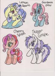 Size: 2550x3501 | Tagged: safe, artist:razzle-the-dazzle, cherry spices, gardenia glow, lemon hearts, sugar grape, pegasus, pony, unicorn, g4, 2012, blind bag pony, blue eyes, blush lines, blushing, closed mouth, eyeshadow, female, folded wings, green eyes, group, high res, lidded eyes, lying down, magenta eyes, makeup, mare, open mouth, pillow, prone, purple eyes, quartet, raised hoof, simple background, smiling, standing, tail, traditional art, white background, wings