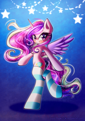 Size: 1000x1414 | Tagged: safe, artist:chaosangeldesu, princess cadance, alicorn, pony, semi-anthro, g4, blushing, clothes, female, looking at you, mare, princess, royalty, socks, solo, standing, stars