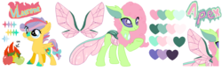 Size: 1238x400 | Tagged: safe, artist:latiapainting, oc, oc only, oc:apex, oc:vlamme, changedling, changeling, pegasus, pony, changedling oc, changeling oc, cotton candy, female, filly, fluffy, friendship, pastel, reference sheet, spots, teeth