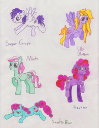 Size: 2544x3256 | Tagged: safe, artist:mellowsrule, fizzypop, lily blossom, minty (g4), sugar grape, sweetie blue, pony, g4, high res, traditional art