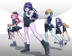 Size: 1280x992 | Tagged: safe, artist:quizia, applejack, fluttershy, pinkie pie, rainbow dash, rarity, twilight sparkle, equestria girls, g4, boots, clothes, converse, dancing, hat, idol, jacket, jewelry, looking at you, mane six, necklace, necktie, shoes, side slit, skirt, socks