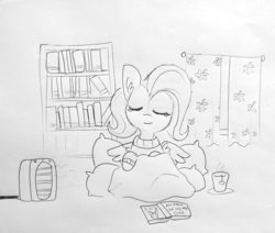 Size: 1697x1440 | Tagged: safe, artist:tjpones, fluttershy, pony, g4, bookshelf, clothes, comfy, cup, eyes closed, female, food, lineart, mare, misspelling, monochrome, sketch, smiling, solo, sweater, sweatershy, tea, teabag, teacup, traditional art
