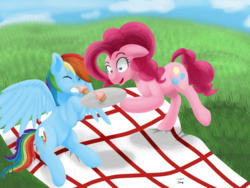 Size: 1280x960 | Tagged: safe, artist:bleuey, pinkie pie, rainbow dash, earth pony, pegasus, pony, g4, duo, food, muffin, picnic, picnic blanket