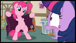 Size: 2400x1383 | Tagged: safe, artist:facelessjr, pinkie pie, twilight sparkle, earth pony, pony, g4, barrel, bipedal, biting, blushing, clothes, coat, duo, exhibitionism, featureless crotch, female, flashing, mare, open mouth, panic, reacting to nudity, show accurate, sihovi, surprised, tongue bite, tongue out, trash can, we don't normally wear clothes