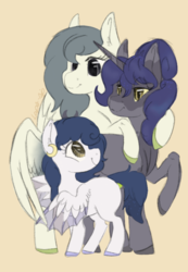 Size: 400x578 | Tagged: safe, artist:laps-sp, oc, oc only, oc:athena, oc:braca, oc:night fall, pegasus, pony, unicorn, bat wings, female, filly, male, oc x oc, offspring, shipping, stallion, straight