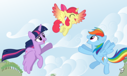 Size: 4000x2400 | Tagged: safe, artist:bepreeh, artist:brony250, apple bloom, rainbow dash, twilight sparkle, alicorn, pony, g4, alicornified, bloomicorn, flying, flying lesson, race swap, twilight sparkle (alicorn)