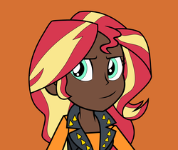 Size: 2502x2103 | Tagged: safe, artist:icicle-niceicle-1517, artist:mandash1996, sunset shimmer, equestria girls, g4, my little pony equestria girls: better together, alternate hairstyle, colored, dark skin, female, high res, human coloration, orange background, simple background, solo