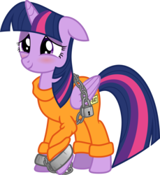 Size: 5265x5753 | Tagged: safe, artist:deyrasd, twilight sparkle, alicorn, pony, g4, absurd resolution, blushing, bound wings, chains, clothes, cuffs, female, padlock, prison outfit, prisoner ts, simple background, solo, transparent background, twilight sparkle (alicorn), vector