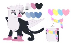 Size: 832x516 | Tagged: safe, artist:latiapainting, oc, oc only, oc:garu, bird, griffon, blue eyes, griffon oc, not gay, pansexual, pansexual pride flag, pride, redesign, reference sheet, solo