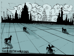 Size: 1280x960 | Tagged: safe, artist:pantheracantus, pony, city, comic, ominous, perspective, sketch