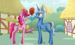 Size: 1465x882 | Tagged: safe, artist:commandereclipse, pinkie pie, pokey pierce, pony, g4, balloon, female, male, party balloon, ship:pokeypie, shipping, straight