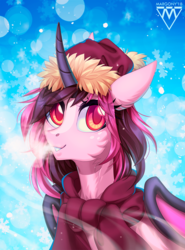 Size: 740x1000 | Tagged: safe, artist:margony, oc, oc only, oc:battica, pony, unicorn, breath, clothes, commission, female, hat, looking at you, mare, red eyes, signature, snow, solo, winter, ych result