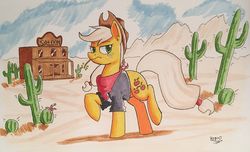 Size: 3300x2000 | Tagged: safe, artist:hypno, applejack, earth pony, pony, g4, bandana, cactus, clothes, cowboy hat, desert, female, hat, high res, mare, marker drawing, raised hoof, saguaro cactus, saloon, straw in mouth, traditional art, western