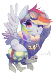 Size: 1709x2309 | Tagged: safe, artist:setoya, rainbow dash, tank, pegasus, pony, tortoise, g4, bomber jacket, chromatic aberration, clothes, costume, duo, female, goggles, lead pony badge, male, mare, simple background, spread wings, white background, wings