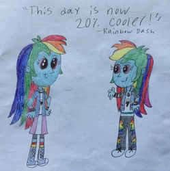 Size: 2440x2448 | Tagged: safe, artist:smurfettyblue, derpibooru exclusive, rainbow dash, equestria girls, g4, female, high res, rainbow dash day, solo, text, traditional art