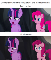 Size: 966x1128 | Tagged: dead source, safe, screencap, pinkie pie, twilight sparkle, alicorn, earth pony, pony, g4, my little pony: the movie, angry, basalt beach, comparison, concerned, duo, female, mare, twilight sparkle (alicorn)