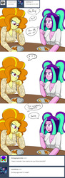Size: 1000x2753 | Tagged: safe, artist:jake heritagu, adagio dazzle, aria blaze, comic:aria's archives, equestria girls, g4, clothes, comic, egg (food), food, fork, pancakes, plate, scrambled eggs, table