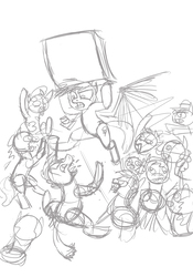 Size: 1400x2000 | Tagged: safe, artist:velgarn, rainbow dash, pony, undead, zombie, zombie pony, 28 pranks later, g4, cookie, cookie zombie, crossover, dead rising, food, frank west, horde, sketch