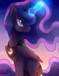 Size: 3240x4165 | Tagged: safe, artist:kodabomb, princess luna, alicorn, pony, g4, cute, ethereal mane, female, folded wings, glowing horn, high res, horn, lunabetes, magic, magic aura, mare, sitting, smiling, solo, starry mane, stars, wings