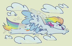 Size: 1360x879 | Tagged: safe, artist:beanieprince, rainbow dash, pony, g4, cloud, female, flying, solo, unshorn fetlocks