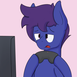 Size: 2000x2000 | Tagged: safe, artist:triplesevens, oc, oc only, oc:lucid dream, pony, controller, gaming, high res, male, monitor, sigh, simple background, solo