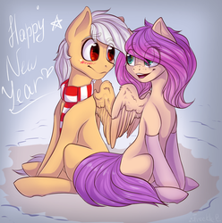 Size: 1024x1033 | Tagged: dead source, safe, artist:freckleplant, oc, oc only, pegasus, pony, blushing, clothes, eye contact, female, happy new year, holiday, looking at each other, male, oc x oc, scarf, shipping, sitting, smiling, snow, socks, straight, winter