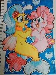 Size: 768x1024 | Tagged: safe, artist:raystarkitty, pinkie pie, princess skystar, earth pony, pony, seapony (g4), g4, my little pony: the movie, amused, blue eyes, blushing, bubble, cute, female, fin wings, fins, fish tail, flower, flower in hair, flowing tail, freckles, heart bubbles, jewelry, kidcore, lesbian, looking at each other, looking at someone, necklace, notebook, open mouth, pinkie pie is amused, princess skystar is amused, seaponified, seapony pinkie pie, ship:skypie, shipping, smiling, species swap, tail, traditional art, underwater, water, wings