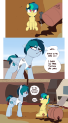 Size: 3233x5871 | Tagged: safe, artist:shinodage, oc, oc only, oc:apogee, oc:delta vee, oc:houston, mouse, pegasus, pony, comic, delta vee's junkyard, dialogue, duo, female, filly, junkyard, mare, mother and daughter, oil barrel, sitting, speech bubble