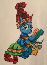 Size: 2274x3097 | Tagged: safe, artist:bozzerkazooers, meadowbrook, earth pony, pony, g4, clothes, cute, female, healer's mask, high res, looking at you, mare, mask, meadowcute, simple background, smiling, traditional art