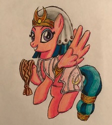 Size: 2302x2580 | Tagged: safe, artist:bozzerkazooers, somnambula, pegasus, pony, g4, blindfold, clothes, female, high res, looking at you, mare, solo, traditional art