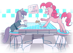 Size: 2888x2113 | Tagged: safe, artist:maddzroks, maud pie, pinkie pie, g4, chest fluff, dialogue, duo, female, high res, milkshake, open mouth, sisters, speech bubble, unshorn fetlocks