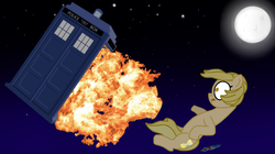 Size: 1024x575 | Tagged: safe, artist:jamesawilliams1996, doctor whooves, time turner, pony, g4, doctor who, explosion, falling, jodie whittaker, moon, night, night sky, ponified, sky, sonic screwdriver, spoilers for another series, tardis, the doctor, thirteenth doctor, twice upon a time