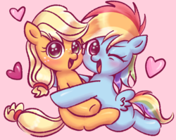 Size: 1047x834 | Tagged: safe, artist:sagwamat, applejack, rainbow dash, earth pony, pegasus, pony, g4, cute, dashabetes, duo, female, filly, hnnng, jackabetes, lesbian, looking at you, ship:appledash, shipping, smiling