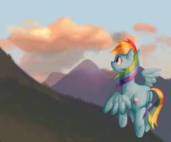 Size: 3000x2500 | Tagged: safe, artist:sagwamat, rainbow dash, pegasus, pony, g4, cloud, female, flying, high res, mare, mountain, multicolored hair, scenery, sky, solo