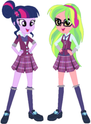 Size: 421x571 | Tagged: safe, artist:ra1nb0wk1tty, lemon zest, sci-twi, twilight sparkle, equestria girls, g4, clothes, clothes swap, crystal prep academy uniform, glasses, school uniform, socks