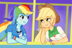 Size: 2490x1651 | Tagged: safe, artist:sagwamat, applejack, rainbow dash, equestria girls, g4, get the show on the road, my little pony equestria girls: summertime shorts, clothes, cowboy hat, hat, looking at each other, multicolored hair, scene interpretation, smiling, stetson