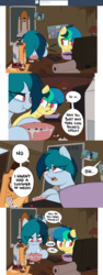 Size: 1971x5231 | Tagged: safe, artist:shinodage, oc, oc only, oc:apogee, oc:delta vee, pegasus, pony, ash, ashtray, boop o' roops, bowl, box, cereal, cigarette, clothes, comic, delta vee's junkyard, desk lamp, dialogue, duo, ear freckles, eating, female, filly, food, freckles, graduation, graduation cap, hat, mare, milk, mother and daughter, no pupils, onomatopoeia, paper towels, poster, remote, shirt, speech bubble, television