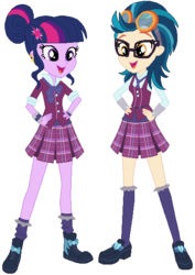 Size: 410x579 | Tagged: safe, artist:ra1nb0wk1tty, indigo zap, sci-twi, twilight sparkle, equestria girls, g4, clothes, clothes swap, crystal prep academy uniform, glasses, school uniform, socks