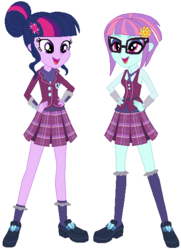 Size: 417x575 | Tagged: safe, artist:ra1nb0wk1tty, sci-twi, sunny flare, twilight sparkle, equestria girls, g4, clothes, clothes swap, crystal prep academy uniform, glasses, school uniform, socks