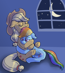 Size: 1296x1444 | Tagged: safe, artist:sagwamat, applejack, rainbow dash, earth pony, pegasus, pony, g4, comforting, cowboy hat, crescent moon, female, hat, lesbian, mare, moon, night, sad, ship:appledash, shipping, stars, stetson, window