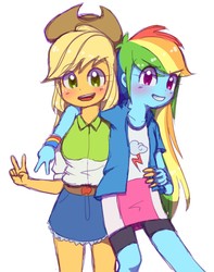 Size: 1007x1280 | Tagged: safe, artist:sagwamat, applejack, rainbow dash, equestria girls, g4, blushing, clothes, cowboy hat, duo, female, hat, lesbian, looking at you, peace sign, ship:appledash, shipping, simple background, smiling, stetson, white background