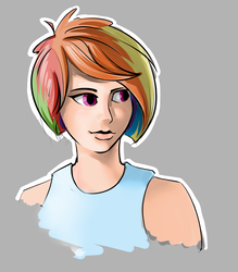 Size: 1322x1512 | Tagged: safe, artist:batonya12561, rainbow dash, human, g4, alternate hairstyle, bust, clothes, female, humanized, rainbow hair, short hair, simple background, solo