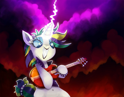 Size: 4200x3300 | Tagged: safe, artist:talonsofwater, rarity, pony, unicorn, g4, it isn't the mane thing about you, alternate hairstyle, belly button, bipedal, female, glowing horn, grin, guitar, guitarity, horn, mare, metal as fuck, musical instrument, punk, raripunk, smiling, solo