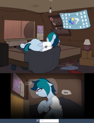 Size: 2644x3486 | Tagged: safe, artist:shinodage, oc, oc only, oc:delta vee, pegasus, pony, ask, bed, bedroom, calendar, comic, delta vee's junkyard, dialogue, fadeout, female, flag of equestria, floppy ears, high res, lying, lying on bed, mare, poster, solo, speech bubble, tumblr