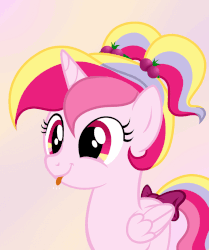 Size: 915x1092 | Tagged: safe, artist:anonshy, artist:raspberrystudios, edit, edited screencap, screencap, oc, oc only, alicorn, pony, :p, alicorn oc, animated, bow, cute, eye shimmer, female, filly, gradient background, multicolored eyes, pigtails, raspberry, silly, smiling, tail bow, tongue out