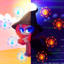 Size: 1280x1280 | Tagged: safe, artist:riouku, oc, oc only, pony, blue eyes, chest fluff, commission, day, full moon, glowing eyes, hat, looking at you, moon, night, solo, split screen, sun, witch hat