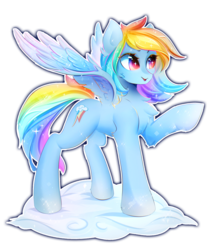 Size: 2226x2586 | Tagged: safe, artist:koveliana, rainbow dash, pegasus, pony, g4, chest fluff, cloud, female, high res, mare, open mouth, raised hoof, simple background, solo, transparent background