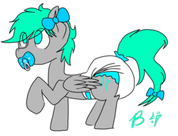Size: 1333x1021 | Tagged: safe, artist:l3lackout, derpibooru exclusive, oc, oc only, oc:flux, bow, diaper, hair bow, non-baby in diaper, pacifier, poofy diaper, raised hoof, simple background, solo, transparent background